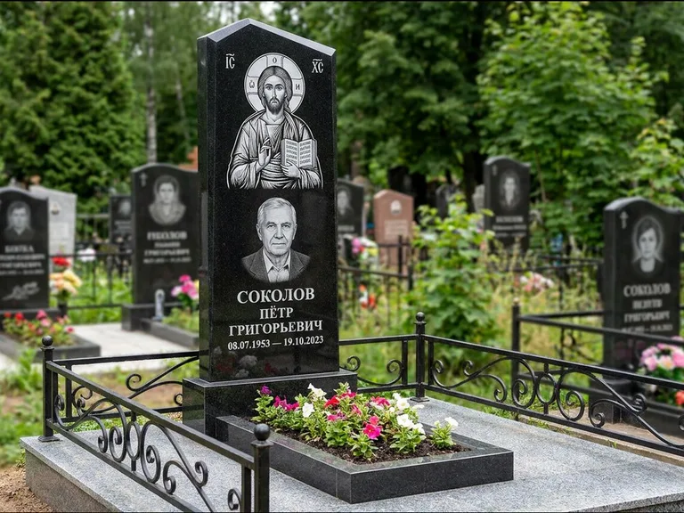 Памятник с гравировкой иконы — образ Николая Чудотворца, работа «Мельникова» в Красноярске