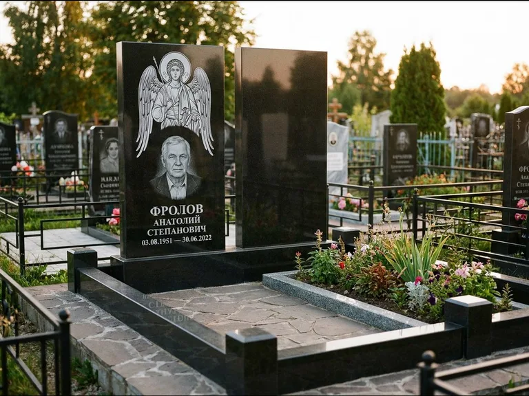 Памятник с гравировкой иконы: стела с резной рамкой вокруг иконы — Архангел Михаил на стеле, белая мраморная крошка с бордюром, работа «Богданова» в Красноярске