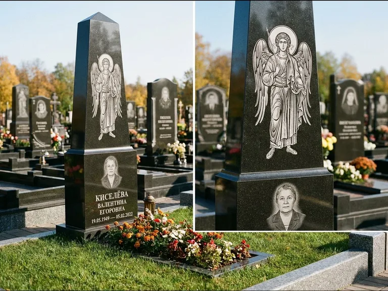Памятник с гравировкой иконы: асимметричная скошенная стела — гравировка образа Спасителя, живая изгородь из кустарника, работа «Третьяков» в Красноярске