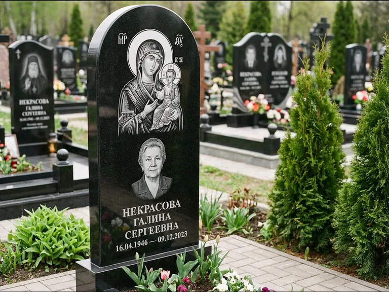 Памятник с гравировкой иконы: фигурная стела с киот-нишей под икону — икона в резной рамке-киоте, светлая гравийная отсыпка, работа «Журавлёв» в Красноярске