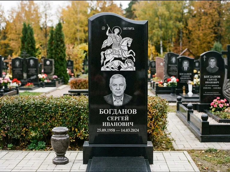Памятник с гравировкой иконы: монументальный семейный мемориал из двух стел на общем цоколе — гравировка Николая Чудотворца, мощёная гранитная площадка без ограды, работа «Раевская» в Красноярске