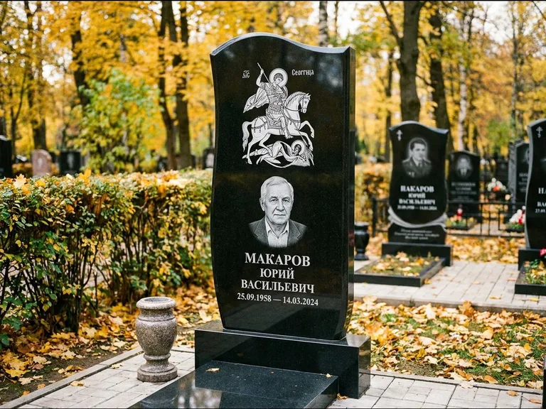 Памятник с гравировкой иконы — икона над портретом усопшего, работа «Раевская» в Красноярске