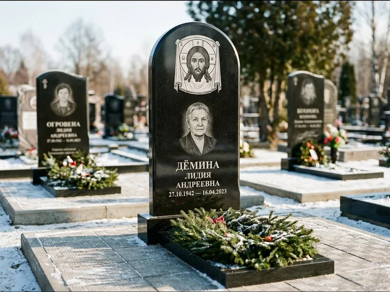 Памятник с гравировкой иконы — икона Спаса Вседержителя над именем усопшего, работа «Ковалёв» в Красноярске