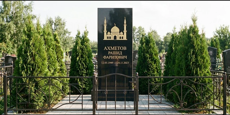 Гравировка мечети на памятник в Красноярске — стела из чёрного гранита, оформление по канонам ислама