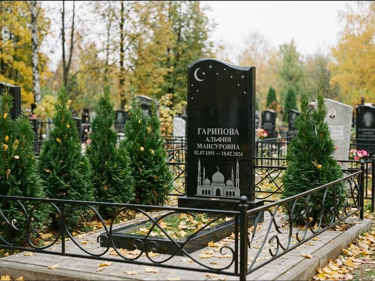 Мусульманский памятник с гравировкой мечети — мечеть с луной в ночном небе, работа «Гарипова» в Красноярске