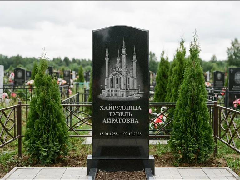 Мусульманский памятник с гравировкой мечети — мечеть Кул-Шариф на обороте стелы, работа «Хайруллина» в Красноярске
