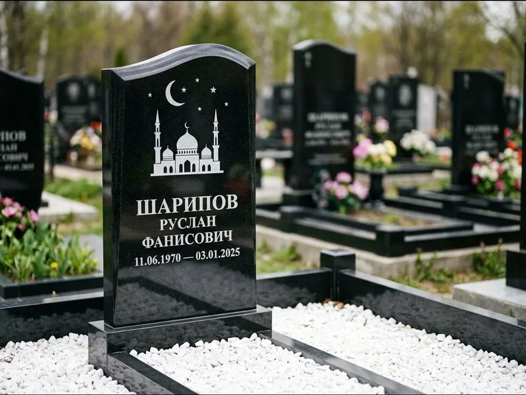 Мусульманский памятник с гравировкой мечети: стела с волнообразным скошенным верхом — гравировка мечети под полумесяцем и звёздами, белая мраморная крошка с бордюром, работа «Шарипов» в Красноярске