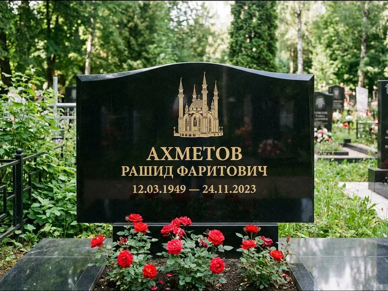 Мусульманский памятник с гравировкой мечети: широкая двойная семейная стела — золочёная гравировка мечети, цветник с красными розами, работа «Ахметов» в Красноярске