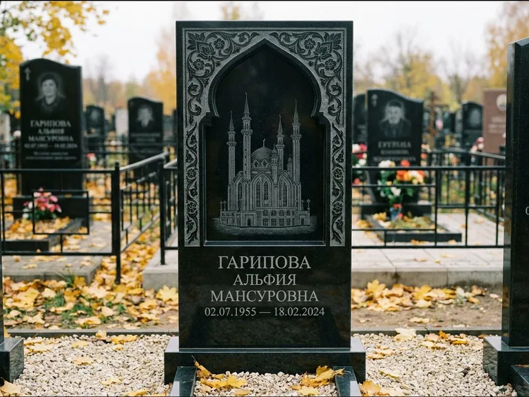 Мусульманский памятник с гравировкой мечети: фигурная стела с михраб-нишей — гравировка мечети в михраб-арке с орнаментом, светлая гравийная отсыпка, работа «Гарипова» в Красноярске