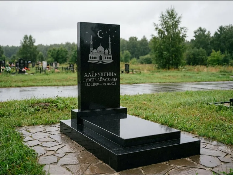 Мусульманский памятник с гравировкой мечети: ступенчатая двухуровневая стела — гравировка мечети под полумесяцем и звёздами, каменная дорожка из плитняка, работа «Хайруллина» в Красноярске