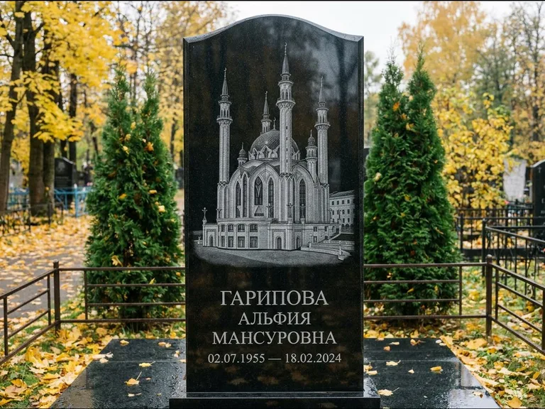 Мусульманский памятник с гравировкой мечети — мечеть Кул-Шариф на обороте стелы, работа «Гарипова» в Красноярске