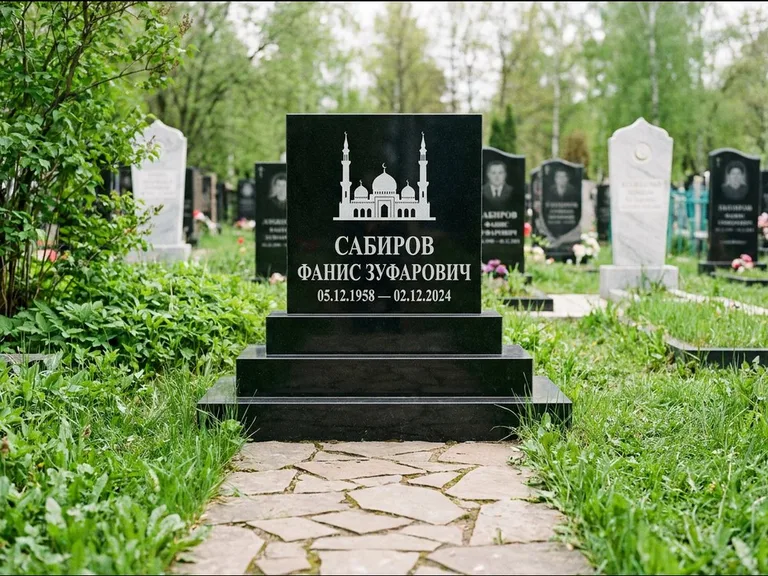 Мусульманский памятник с гравировкой мечети: ступенчатая трёхуровневая стела — золочёная гравировка мечети, дорожка из природного плитняка, работа «Юсупов» в Красноярске