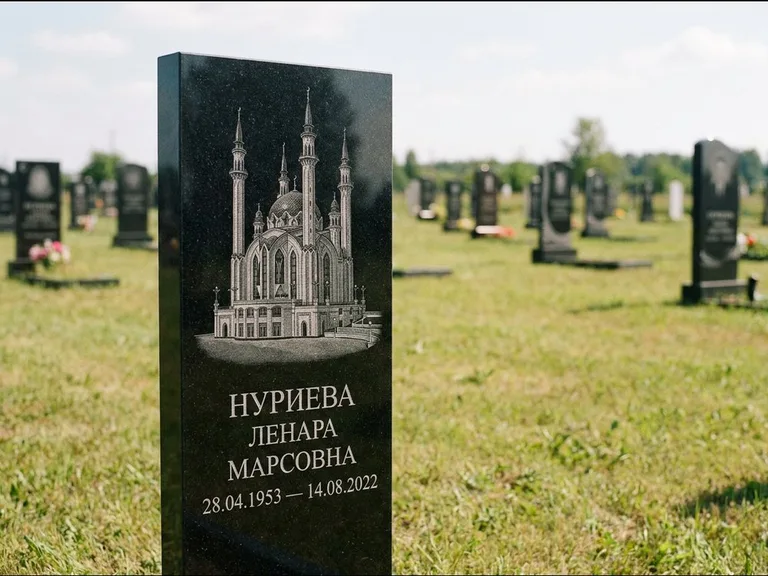 Мусульманский памятник с гравировкой мечети: узкая вертикальная стела-пилон — гравировка мечети в михраб-арке с орнаментом, открытая лужайка без ограды, работа «Хайруллина» в Красноярске