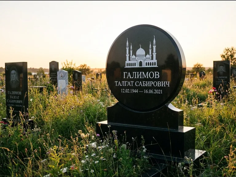 Мусульманский памятник с гравировкой мечети: округлая стела-медальон на тумбе — гравировка мечети в михраб-арке с орнаментом, луговые травы и полевые цветы, работа «Каримов» в Красноярске