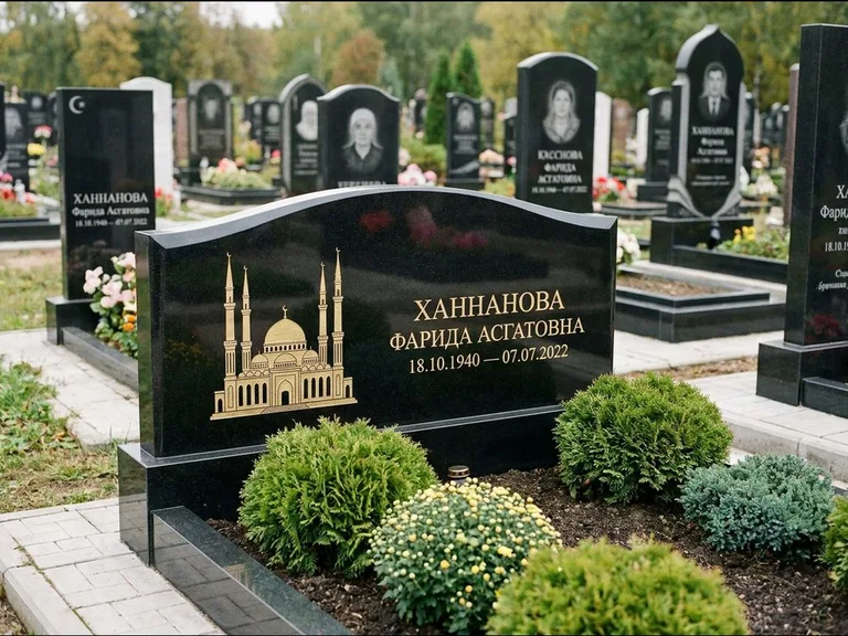 Мусульманский памятник с гравировкой мечети: вытянутая горизонтальная семейная стела с аркой — белая гравировка силуэта мечети с минаретами, участок с декоративными кустами, работа «Гарипова» в Красноярске