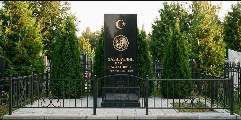 Гравировка на мусульманском памятнике в Красноярске — стела из чёрного гранита, оформление по канонам ислама