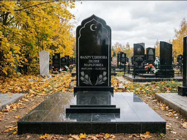 Мусульманский памятник: стела с михраб-навершием в форме арки — гравировка минарета с полумесяцем, гранитный цоколь с тёмной плиткой, работа «Фахрутдинова» в Красноярске