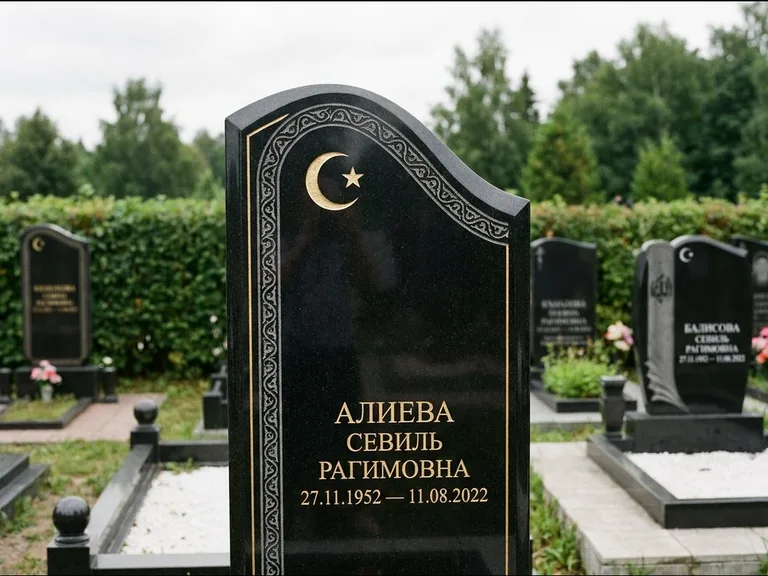 Мусульманский памятник: асимметричная скошенная стела — белая гравировка силуэта мечети с минаретами, живая изгородь из кустарника, работа «Алиева» в Красноярске