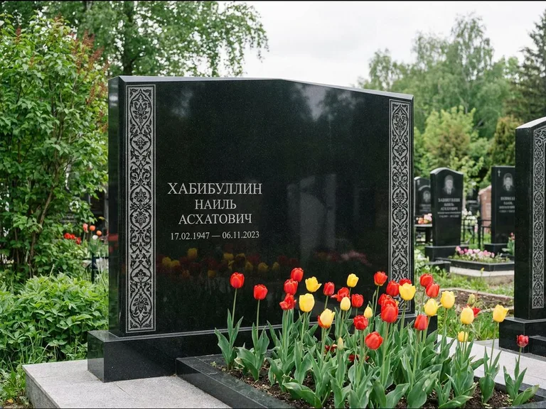 Мусульманский памятник: широкая двойная семейная стела — золочёная гравировка мечети, цветник с тюльпанами, работа «Хабибуллин» в Красноярске
