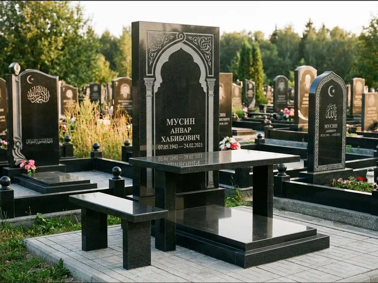Мусульманский памятник: стела с гранитным столиком и скамьёй — гравировка мечети под полумесяцем и звёздами, семейный участок с плиткой, работа «Гимаев» в Красноярске