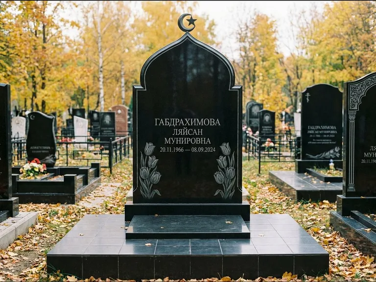 Мусульманский памятник: массивная стела с михраб-навершием — белая гравировка силуэта мечети с минаретами, цоколь тёмной плиткой, работа «Магомедова» в Красноярске