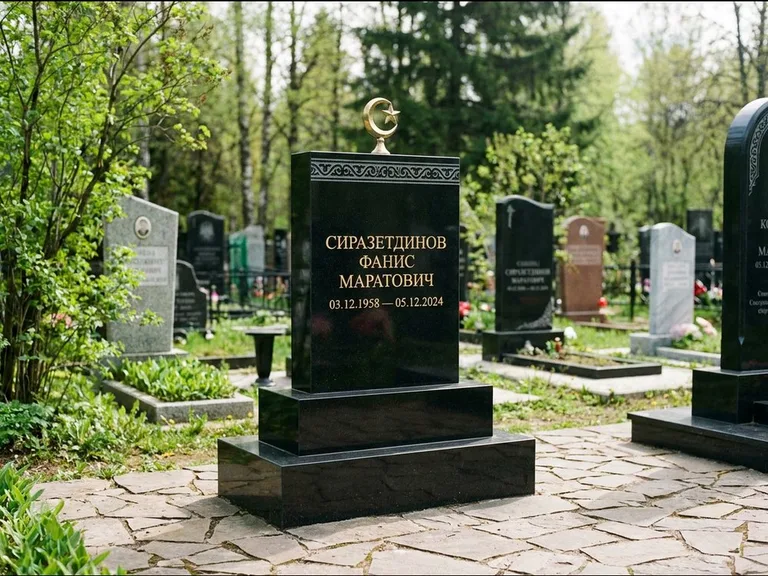 Мусульманский памятник: ступенчатая трёхуровневая стела — золочёная гравировка мечети, дорожка из природного плитняка, работа «Мустафин» в Красноярске