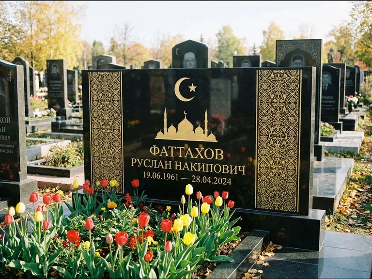 Мусульманский памятник: широкая панорамная стела с золочёным орнаментом — гравировка минарета с полумесяцем, цветник с тюльпанами, работа «Сулейманов» в Красноярске