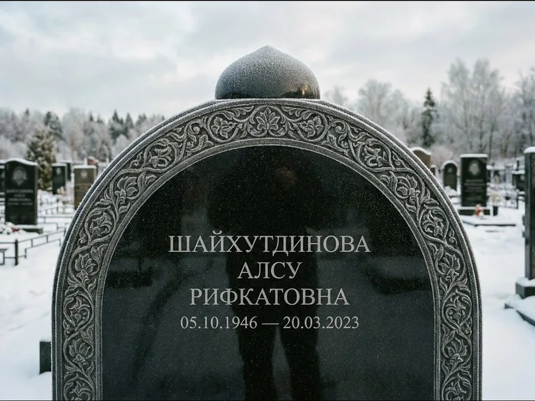 Мусульманский памятник: полукруглая стела с купольным навершием — гравировка мечети под полумесяцем и звёздами, заснеженный зимний участок, работа «Ганиева» в Красноярске