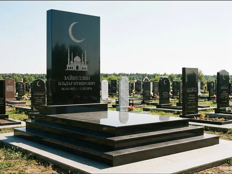 Мусульманский памятник: массивная стела на ступенчатом постаменте — гравировка мечети под полумесяцем и звёздами, гранитная площадка без ограды, работа «Хабибуллин» в Красноярске