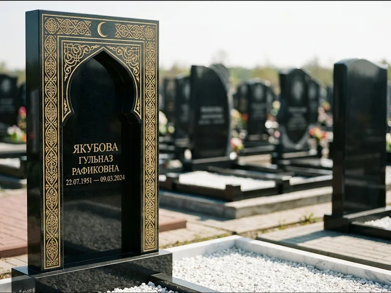Мусульманский памятник: стела в форме михраба с глубокой нишей и золочёным орнаментом — детализированная гравировка мечети Кул-Шариф, участок с белой мраморной крошкой, работа «Мустафин» в Красноярске