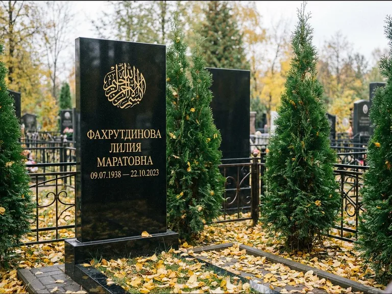 Мусульманский памятник — шахада в верхней части стелы, работа «Фахрутдинова» в Красноярске