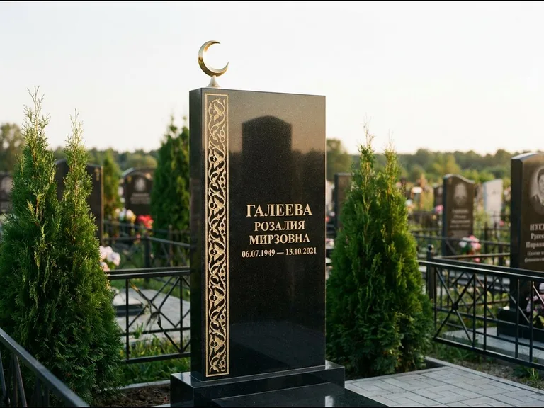 Памятник с гравировкой полумесяца — золочёный полумесяц и колонна растительного орнамента-ислими, работа «Галеева» в Красноярске
