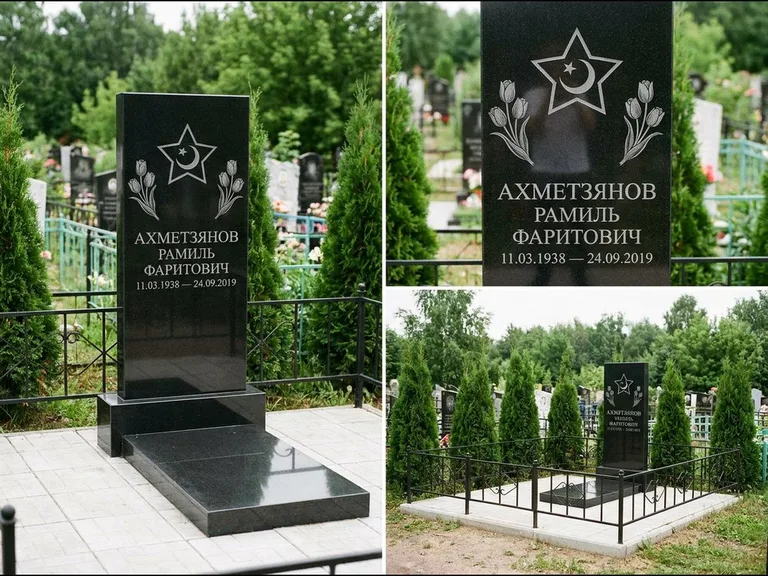 Памятник с гравировкой полумесяца — гравировка полумесяца со звездой и тюльпанами по бокам, работа «Ахметзянов» в Красноярске