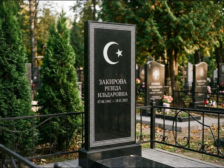 Памятник с гравировкой полумесяца — строгая белая гравировка полумесяца со звездой и орнаменталь, работа «Закирова» в Красноярске