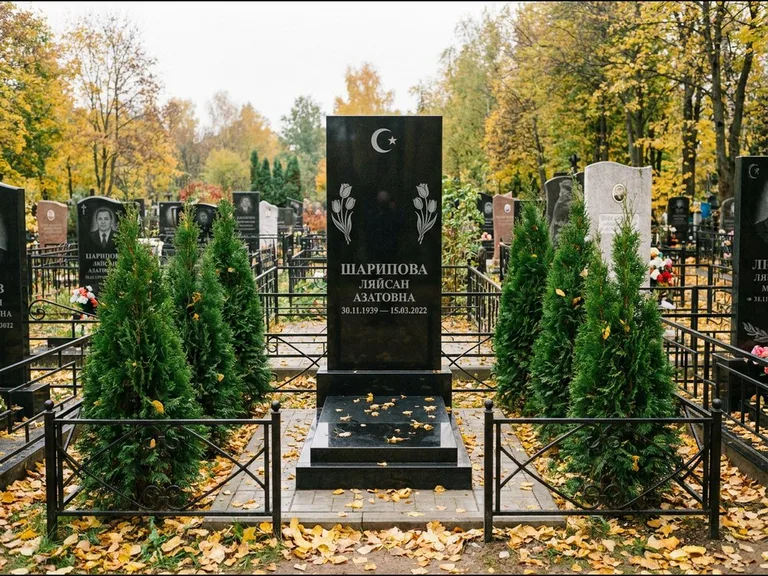 Памятник с гравировкой полумесяца — гравировка полумесяца со звездой и тюльпанами по бокам, работа «Шарипова» в Красноярске