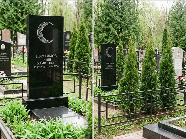 Памятник с гравировкой полумесяца — гравировка полумесяца в геометрическом орнаменте-гирихе, работа «Ибрагимов» в Красноярске