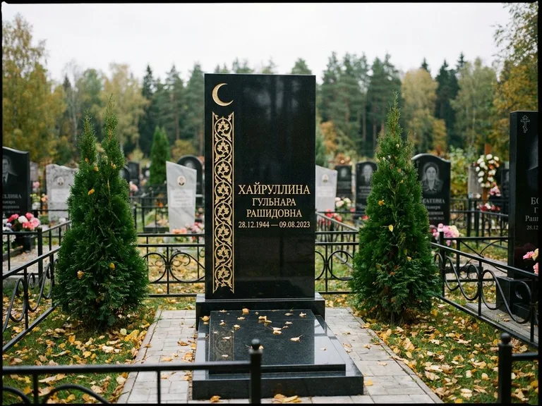 Памятник с гравировкой полумесяца — золочёный полумесяц и колонна растительного орнамента-ислими, работа «Хайруллина» в Красноярске