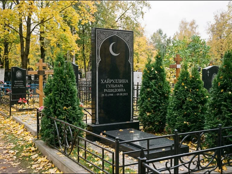 Памятник с гравировкой полумесяца — гравировка полумесяца в восточной арке с орнаментом, работа «Хайруллина» в Красноярске