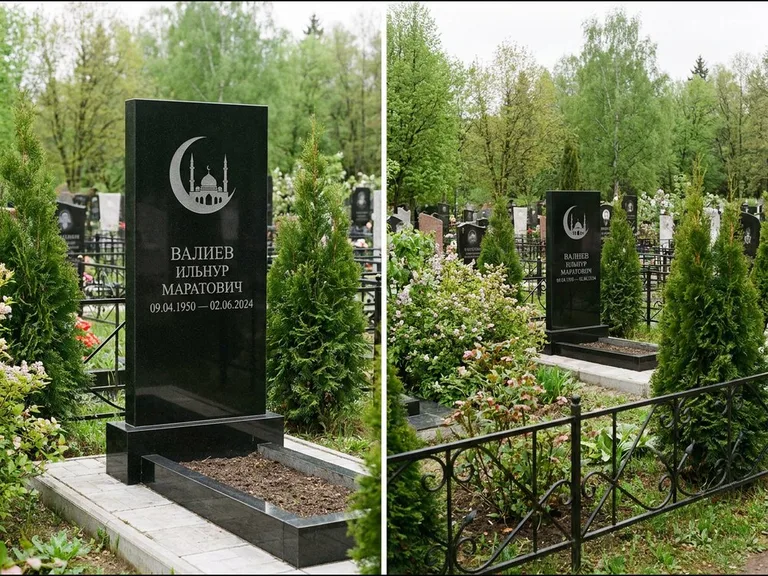 Памятник с гравировкой полумесяца — гравировка полумесяца над силуэтом мечети, работа «Валиев» в Красноярске
