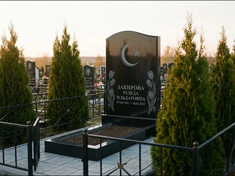 Памятник с гравировкой полумесяца — гравировка полумесяца со звездой и тюльпанами по бокам, работа «Закирова» в Красноярске