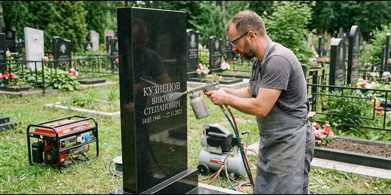 Гравировка на памятнике с выездом на кладбище в Красноярске — мастер гравирует установленный памятник
