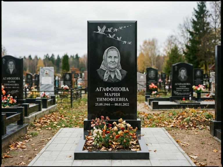 Гравировка журавлей на памятник в Красноярске — памятник из чёрного гранита с гравировкой