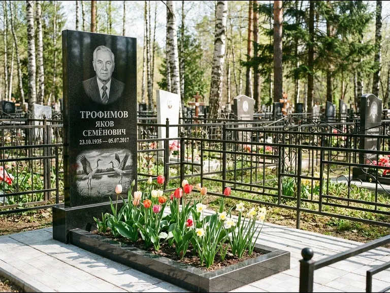 Памятник с гравировкой журавлей — гравировка пары журавлей над гладью озера в нижней части, работа «Трофимов» в Красноярске