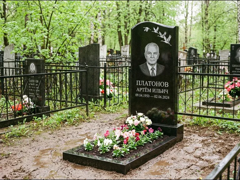 Памятник с гравировкой журавлей — белая гравировка клина журавлей, уходящего в верхний угол ст, работа «Платонов» в Красноярске
