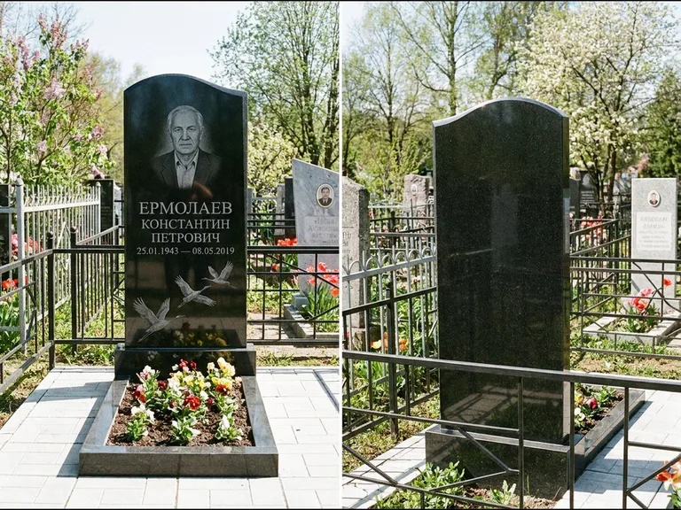 Памятник с гравировкой журавлей — гравировка трёх журавлей по диагонали через свободное поле с, работа «Ермолаев» в Красноярске