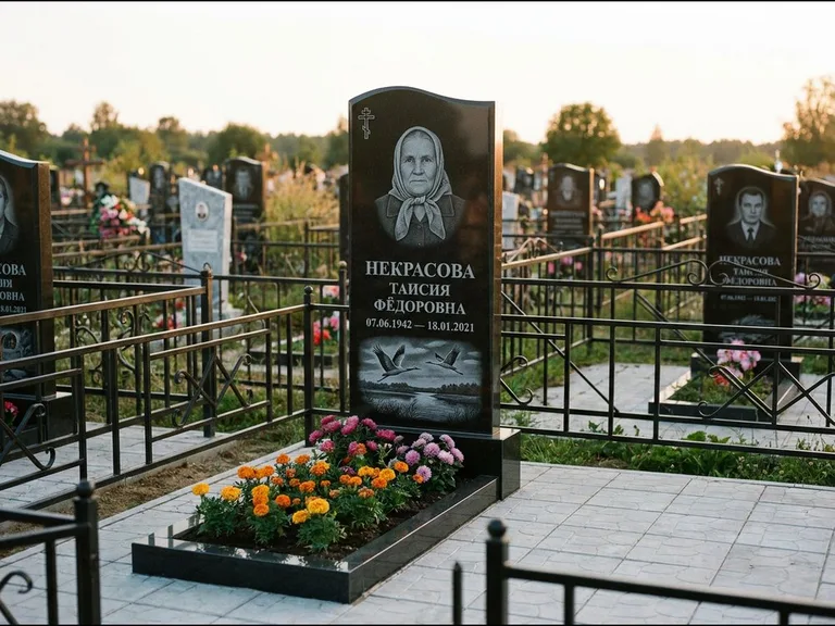 Памятник с гравировкой журавлей — гравировка пары журавлей над гладью озера в нижней части, работа «Некрасова» в Красноярске