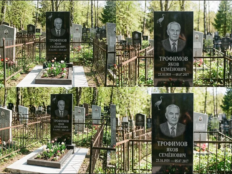 Памятник с гравировкой журавлей — гравировка одиночного летящего журавля над портретом, работа «Трофимов» в Красноярске
