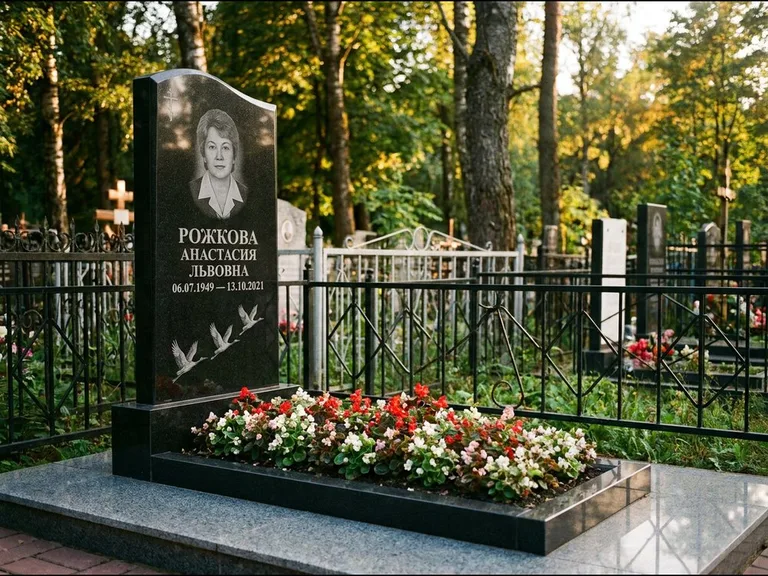Памятник с гравировкой журавлей — гравировка трёх журавлей по диагонали через свободное поле с, работа «Рожкова» в Красноярске
