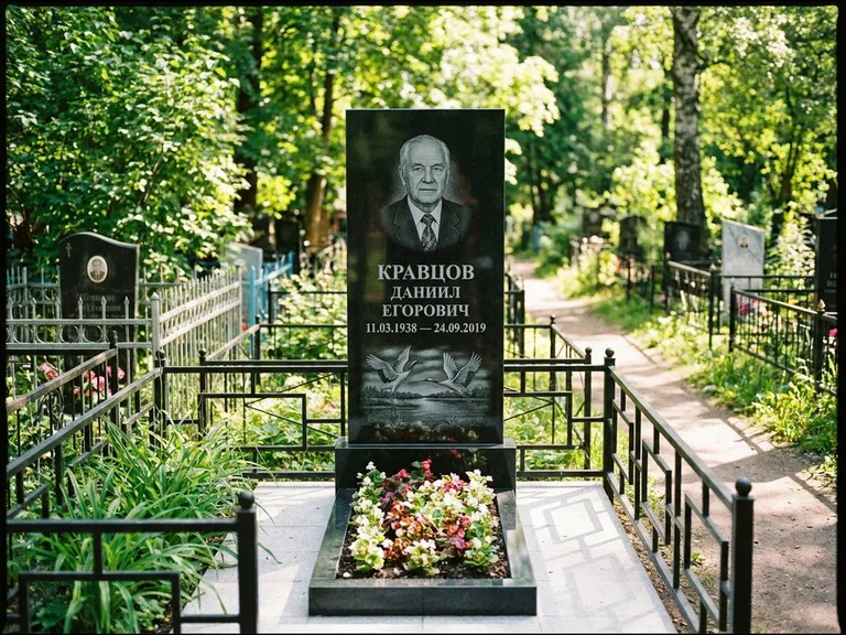 Памятник с гравировкой журавлей — гравировка пары журавлей над гладью озера в нижней части, работа «Кравцов» в Красноярске