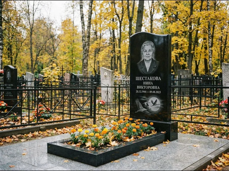Памятник с гравировкой журавлей — гравировка клина журавлей на фоне солнечного диска, работа «Шестакова» в Красноярске